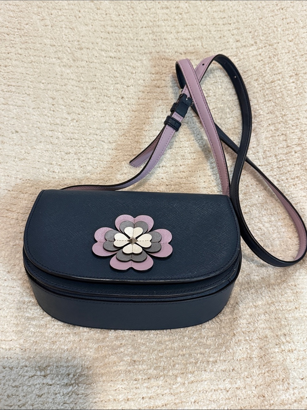 Kate Spade New York Floral Appliqué Flap Crossbody Navy Leather Shoulder Bag
